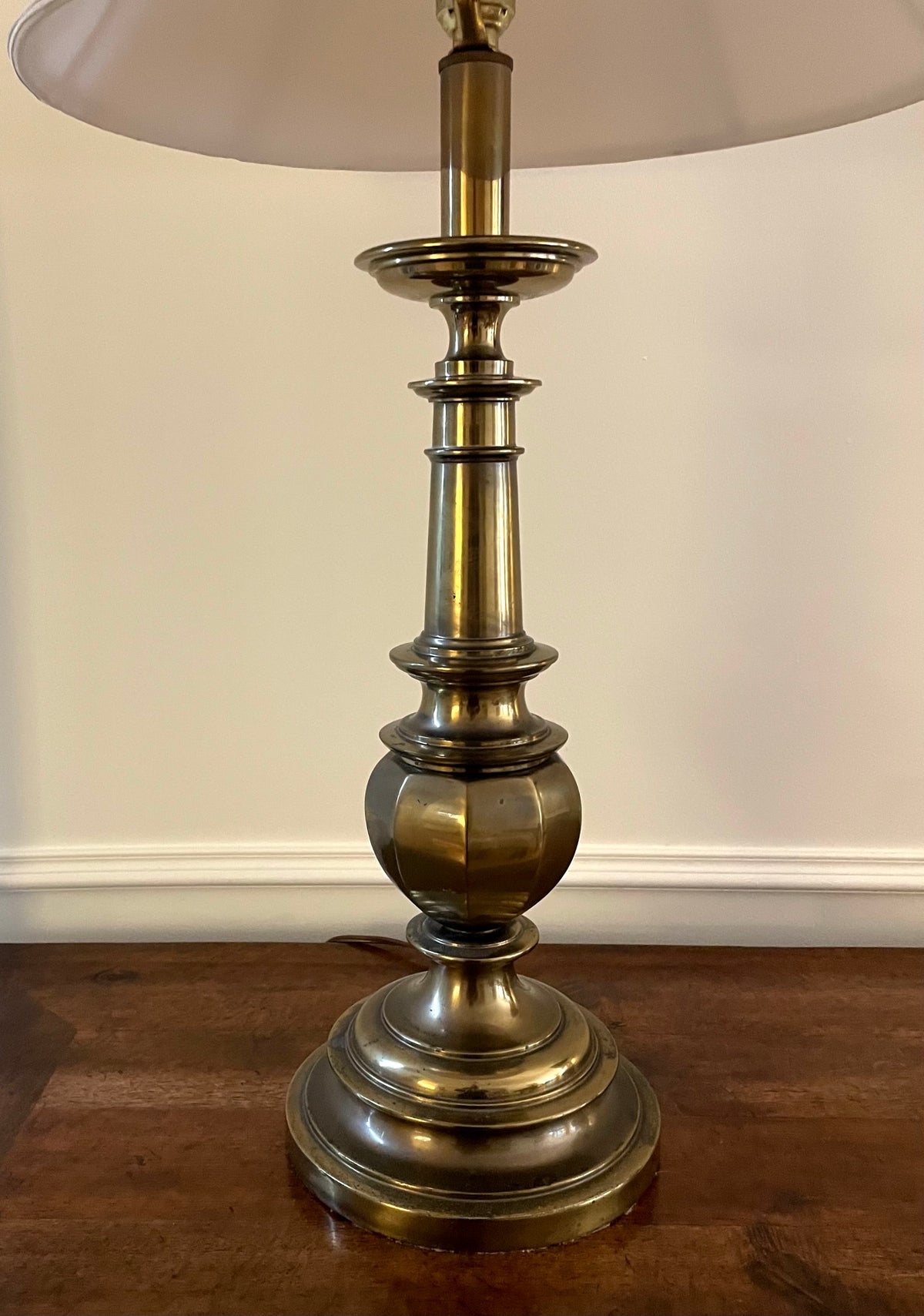 Large Vintage Stiffel Solid Brass Table Lamp with Original Ivory Fabric Shade, 32"