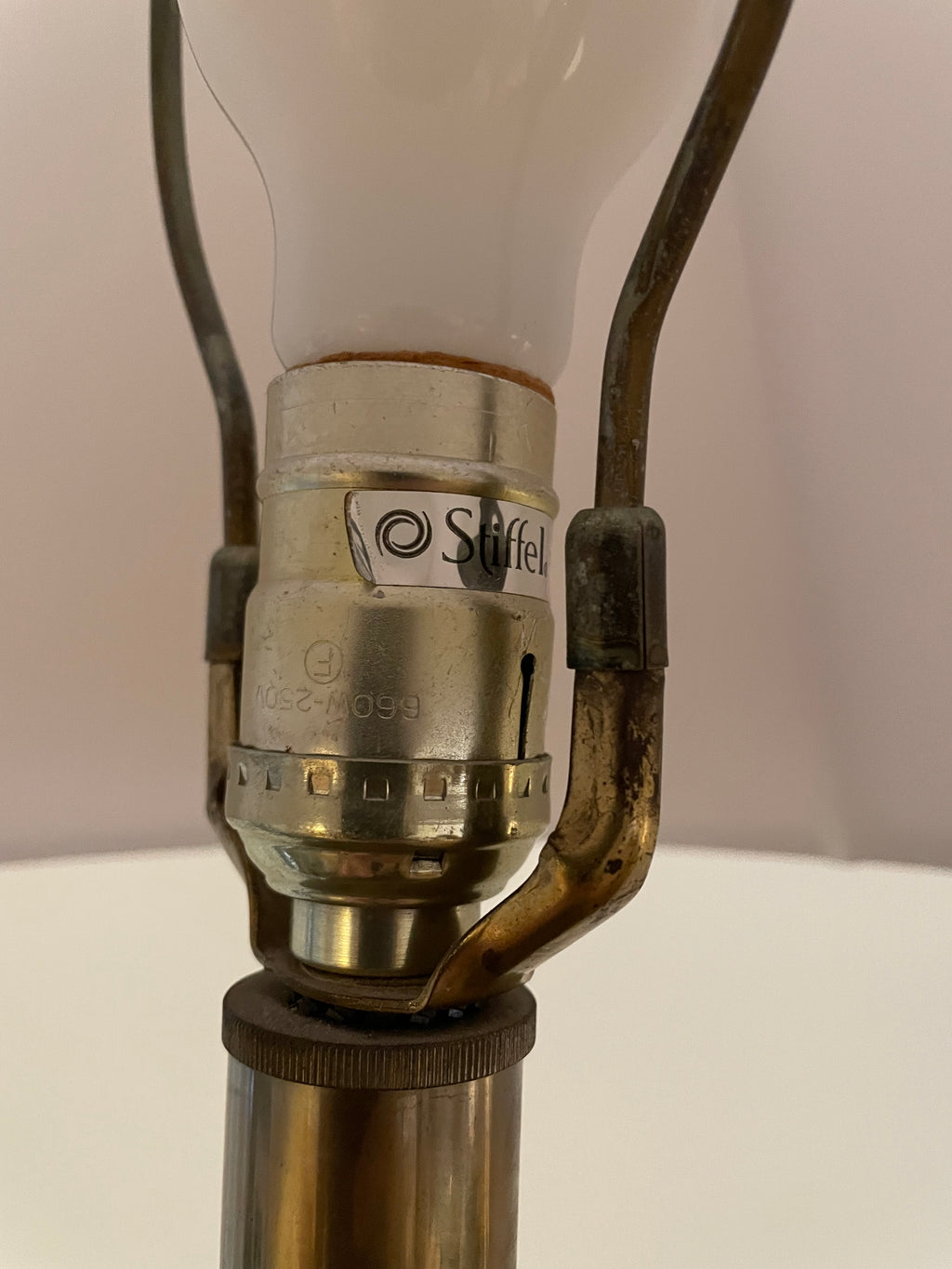 Large Vintage Stiffel Solid Brass Table Lamp with Original Ivory Fabric Shade, 32"