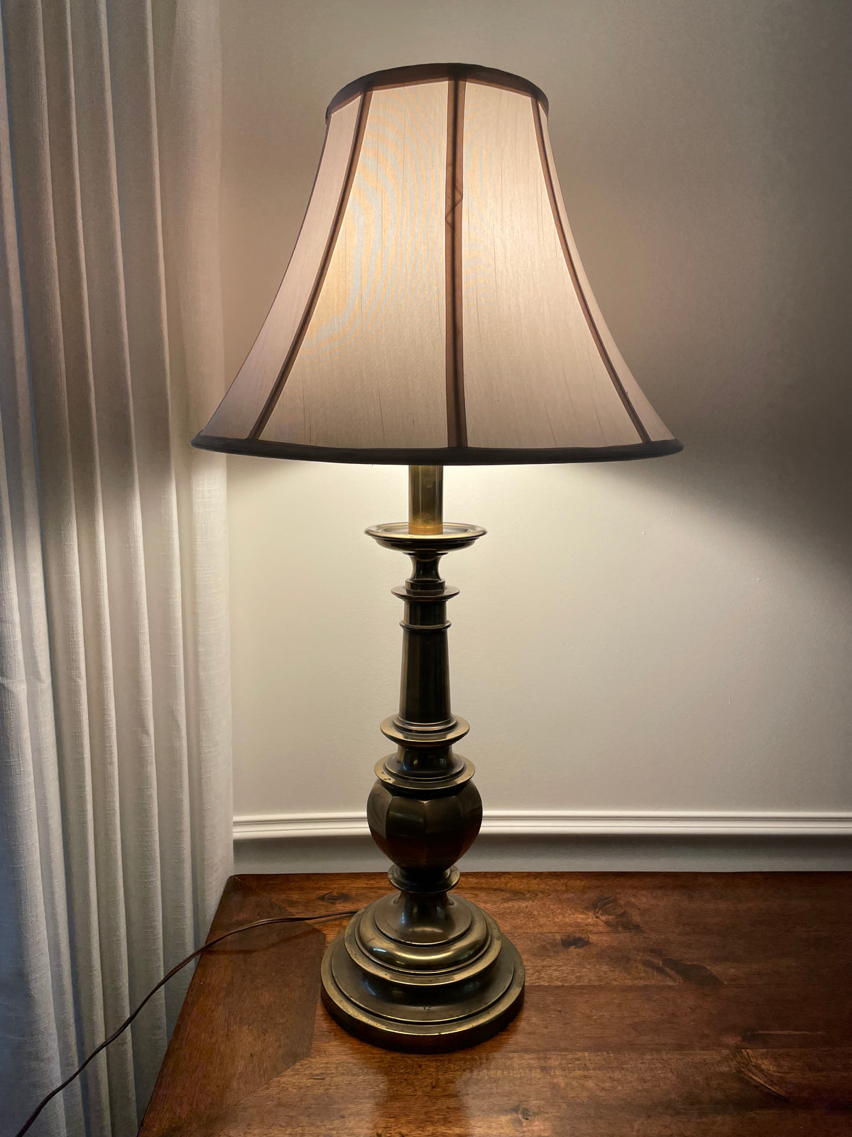 Large Vintage Stiffel Solid Brass Table Lamp with Original Ivory Fabric Shade, 32"