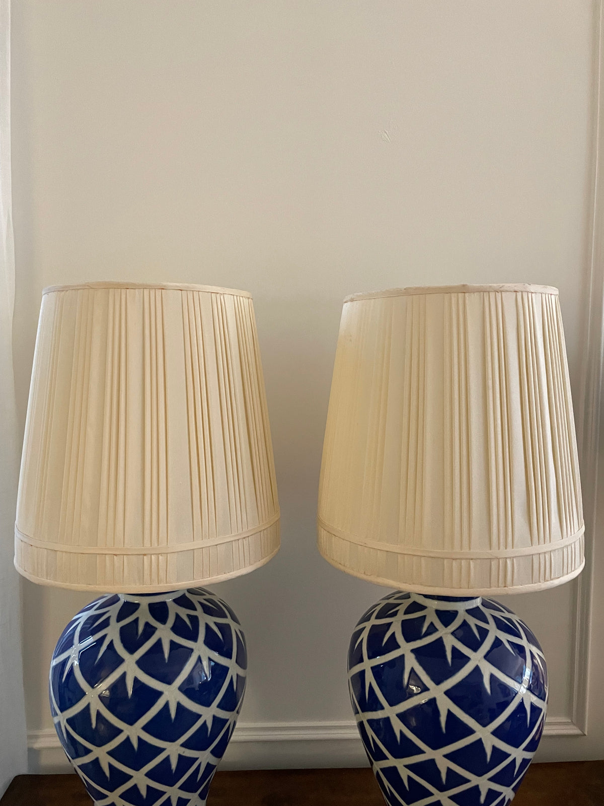 Pair of Bunny Williams Home “Chicken Feather” Blue Glazed Ceramic Table Lamps with Vintage Pleated Silk Shades