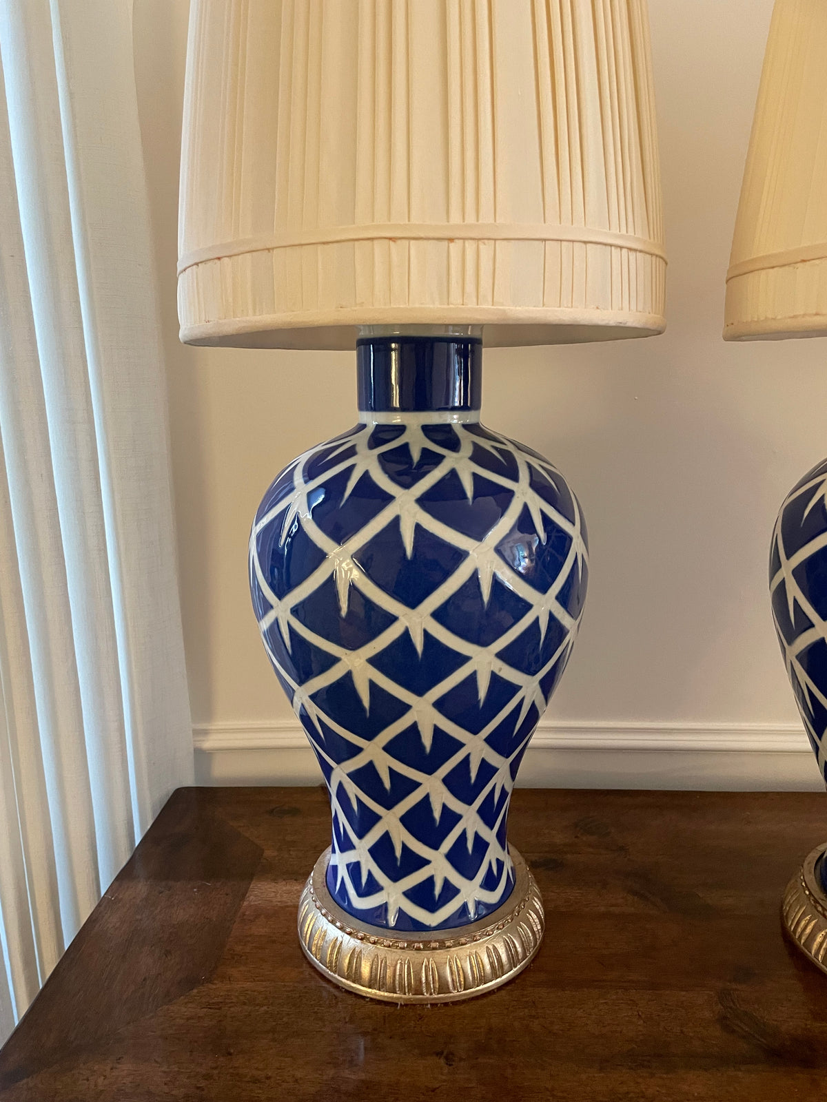 Pair of Bunny Williams Home “Chicken Feather” Blue Glazed Ceramic Table Lamps with Vintage Pleated Silk Shades