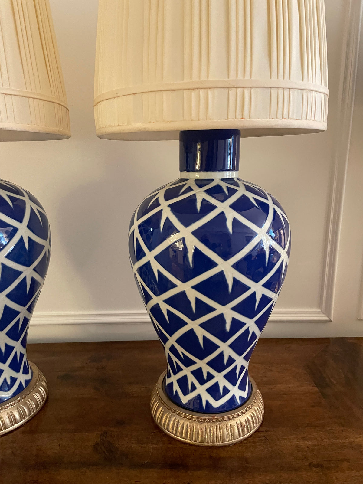 Pair of Bunny Williams Home “Chicken Feather” Blue Glazed Ceramic Table Lamps with Vintage Pleated Silk Shades