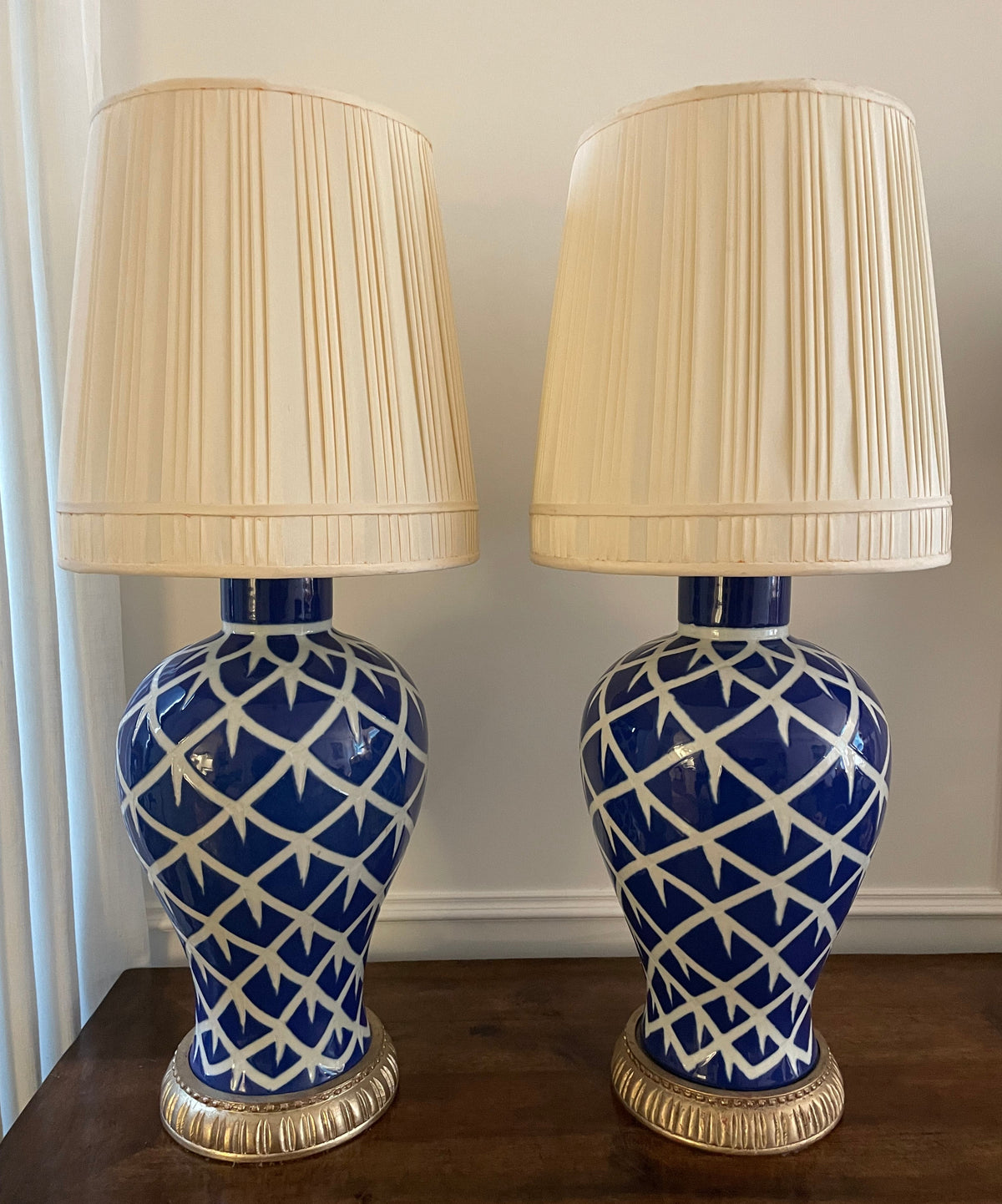 Pair of Bunny Williams Home “Chicken Feather” Blue Glazed Ceramic Table Lamps with Vintage Pleated Silk Shades