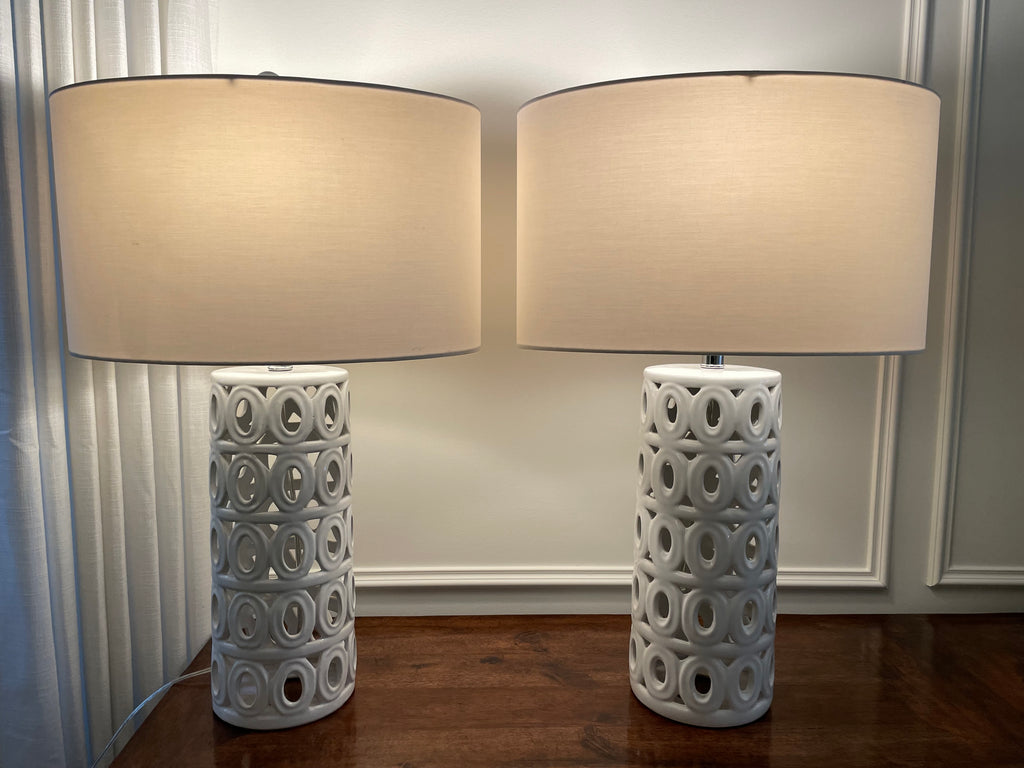 Pair of Portuguese White Ceramic Geometric Table Lamps with Oversized Barrel Shades, 28"