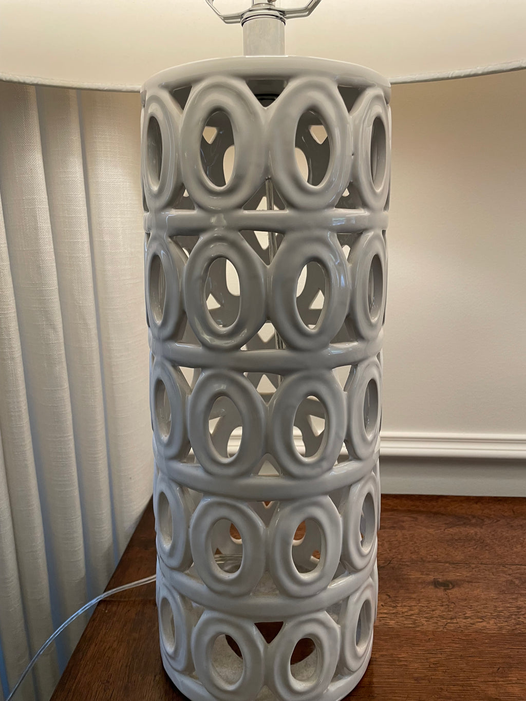 Pair of Portuguese White Ceramic Geometric Table Lamps with Oversized Barrel Shades, 28"