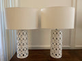 Pair of Portuguese White Ceramic Geometric Table Lamps with Oversized Barrel Shades, 28"