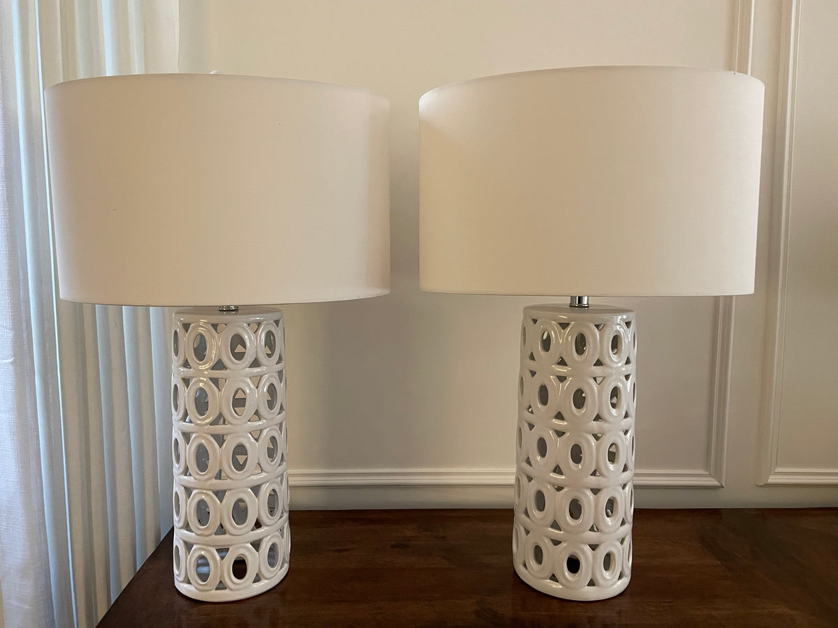 Pair of Portuguese White Ceramic Geometric Table Lamps with Oversized Barrel Shades, 28"