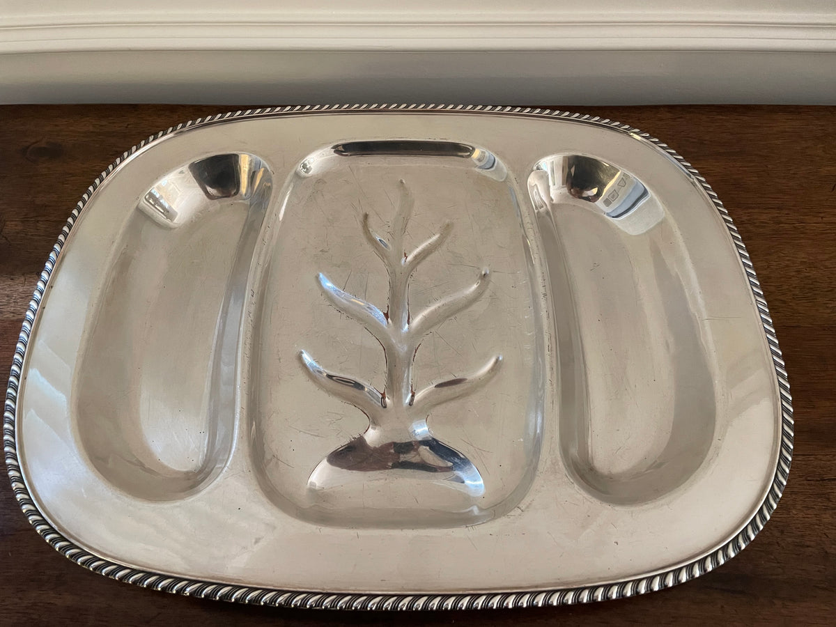 Vintage c. 1930s–1950s L.B.S. Co. Silverplate over Copper 3-Compartment Well & Tree Serving Platter, 18" × 14"