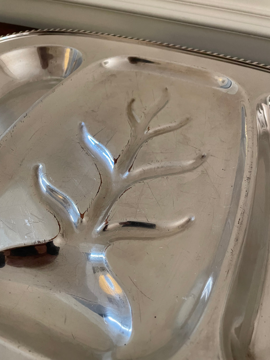 Vintage c. 1930s–1950s L.B.S. Co. Silverplate over Copper 3-Compartment Well & Tree Serving Platter, 18" × 14"