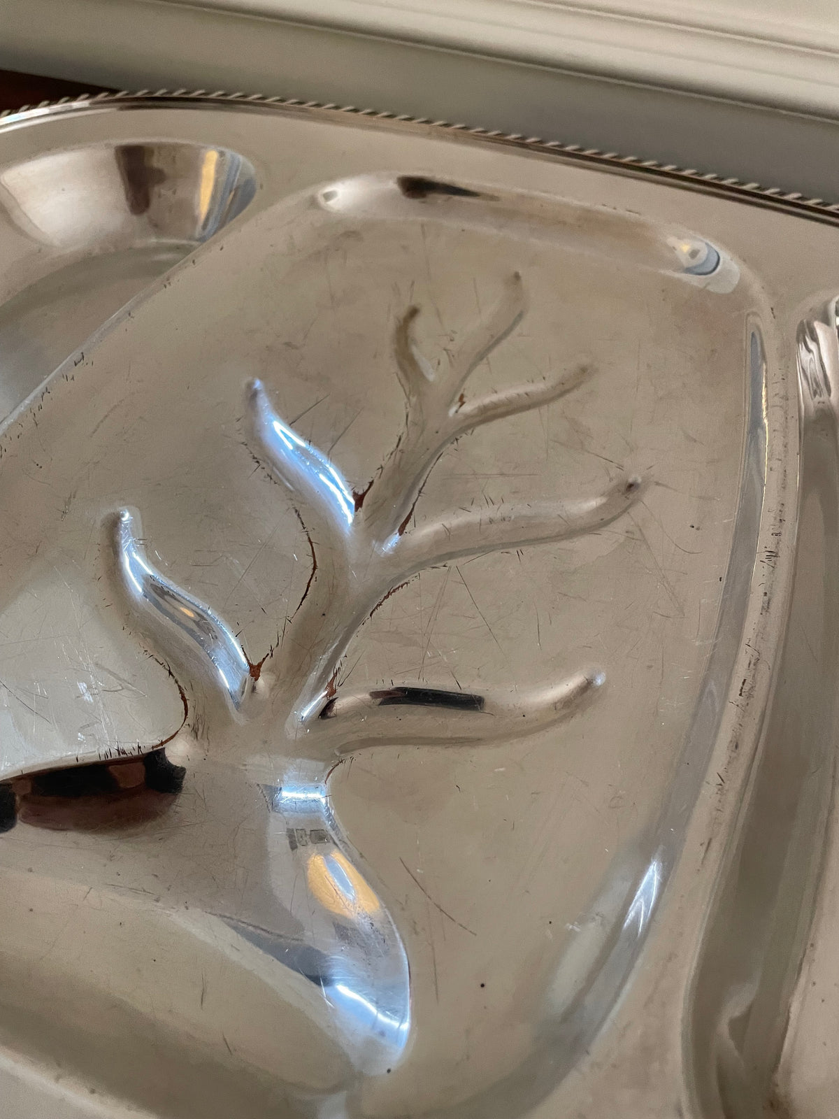 Vintage c. 1930s–1950s L.B.S. Co. Silverplate over Copper 3-Compartment Well & Tree Serving Platter, 18" × 14"
