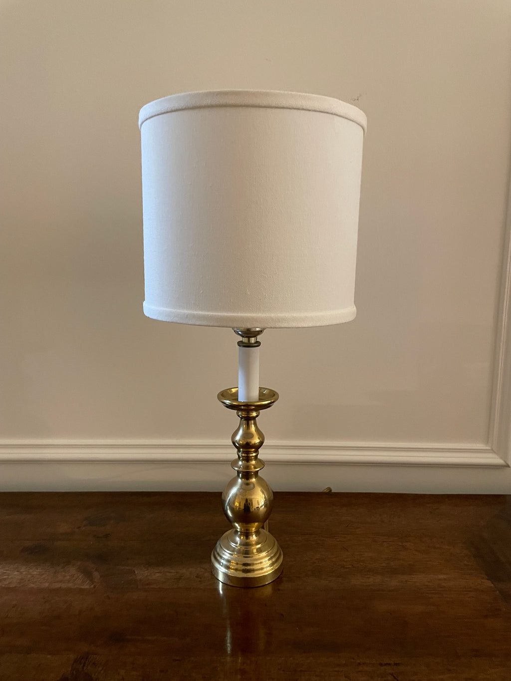 Vintage Solid Brass Candlestick Table Lamp with White Fabric Shade, 18 inches tall