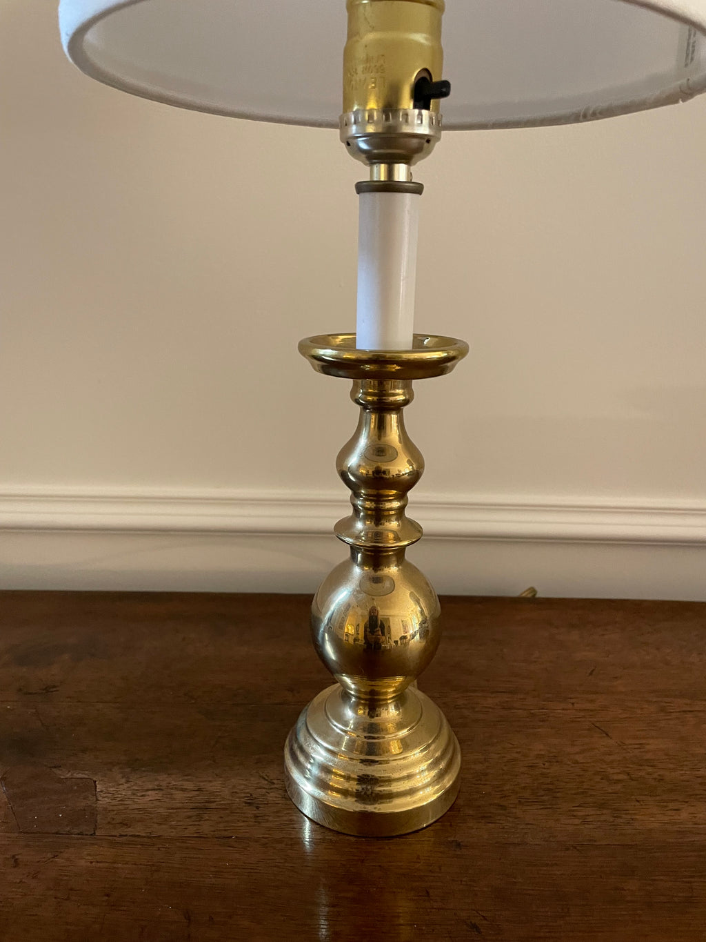 Vintage Solid Brass Candlestick Table Lamp with White Fabric Shade, 18 inches tall