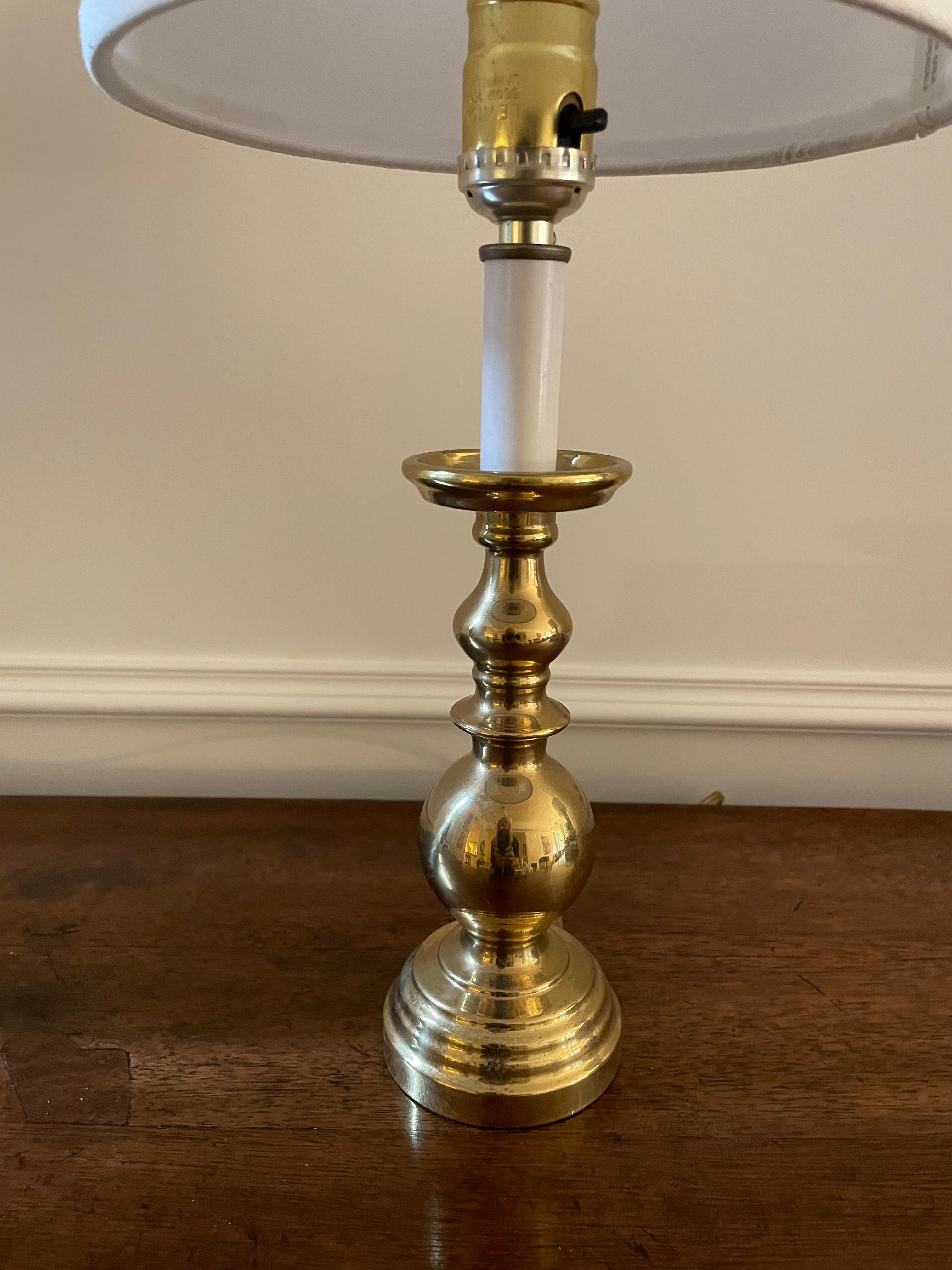 Vintage Solid Brass Candlestick Table Lamp with White Fabric Shade, 18 inches tall