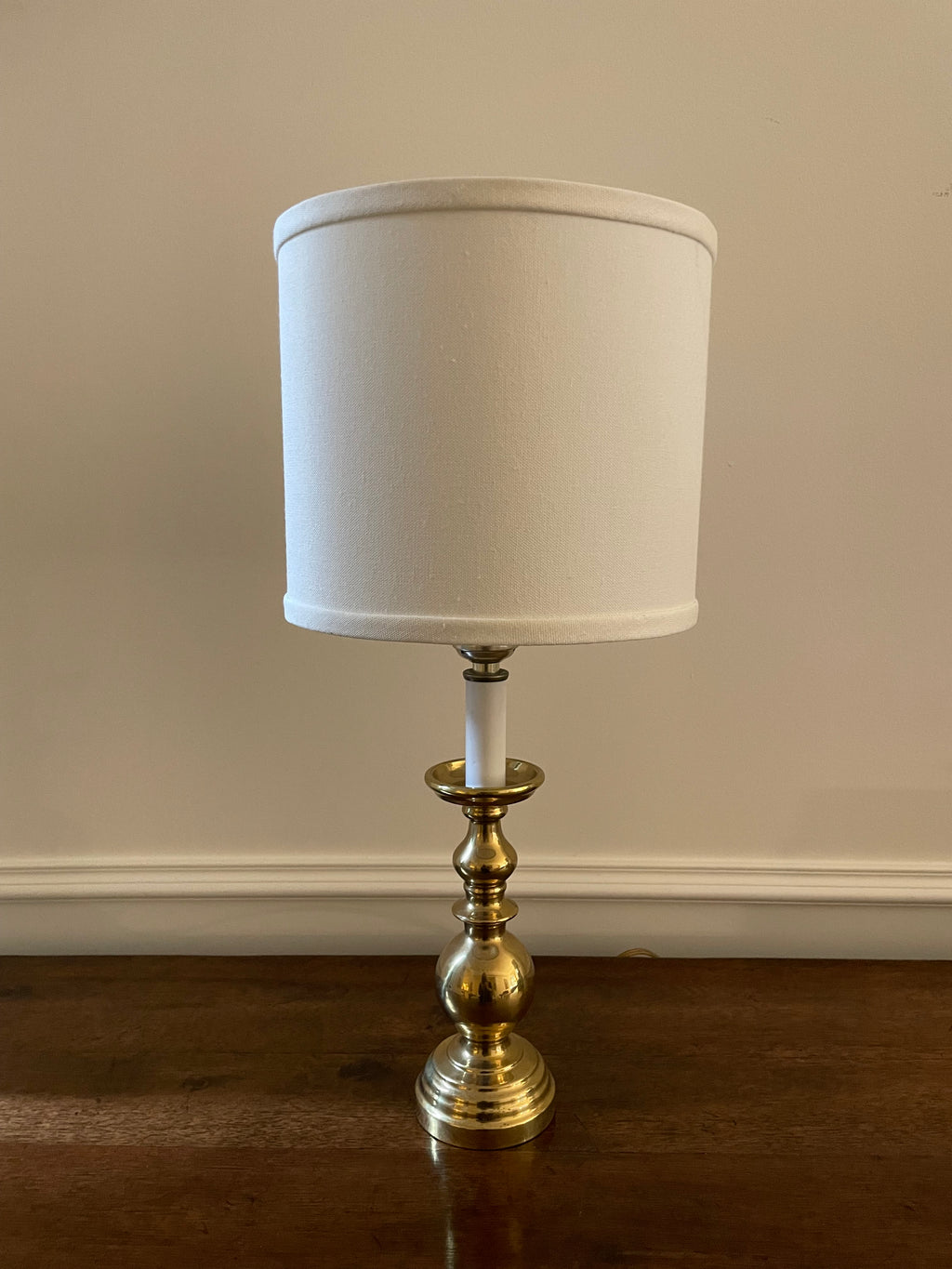 Vintage Solid Brass Candlestick Table Lamp with White Fabric Shade, 18 inches tall