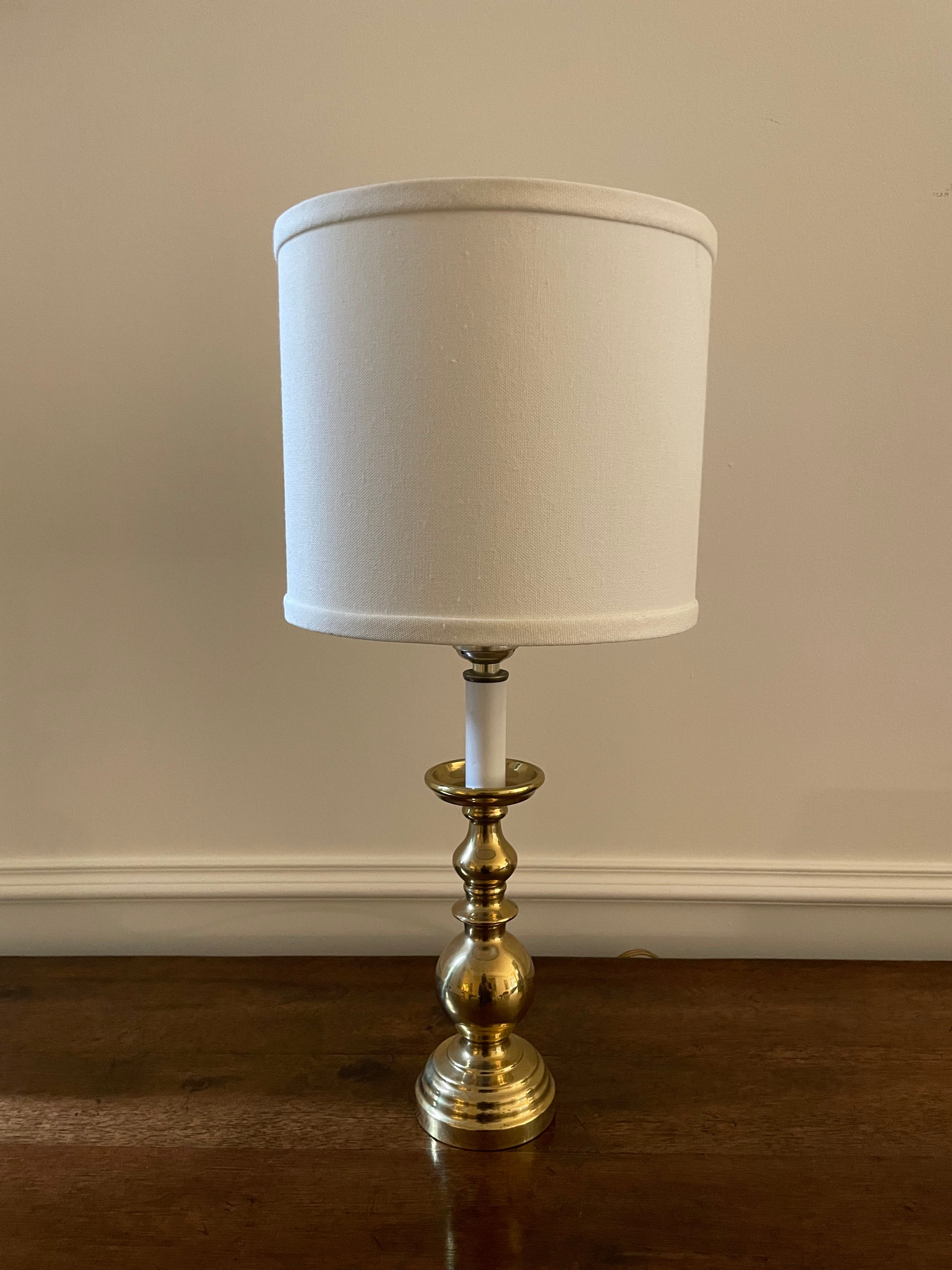 Vintage Solid Brass Candlestick Table Lamp with White Fabric Shade, 18 inches tall
