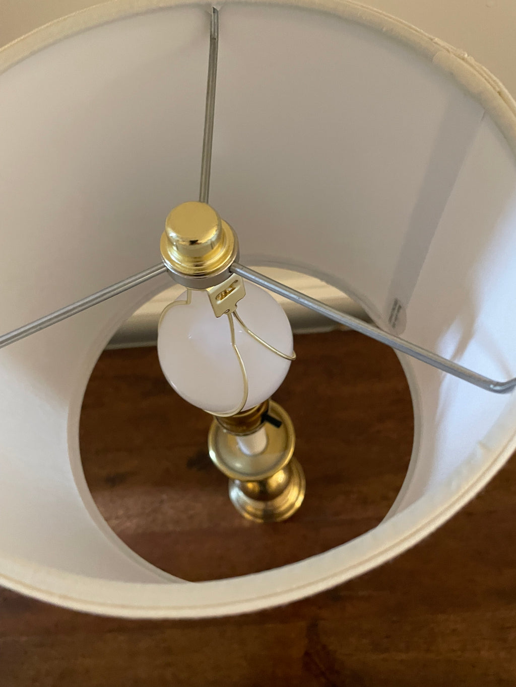 Vintage Solid Brass Candlestick Table Lamp with White Fabric Shade, 18 inches tall