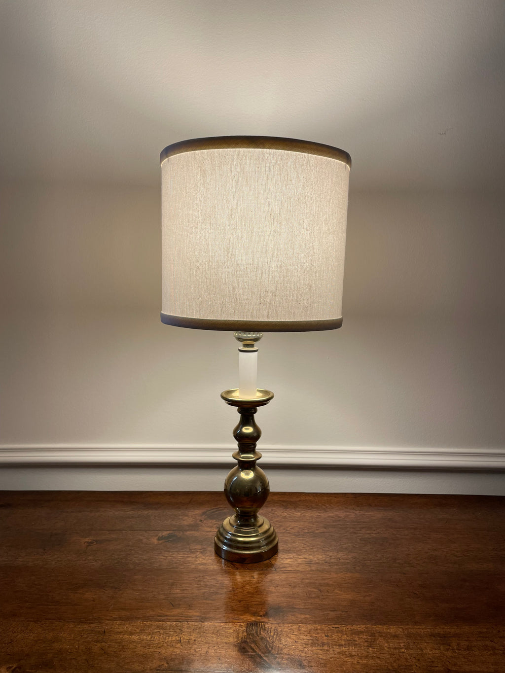 Vintage Solid Brass Candlestick Table Lamp with White Fabric Shade, 18 inches tall