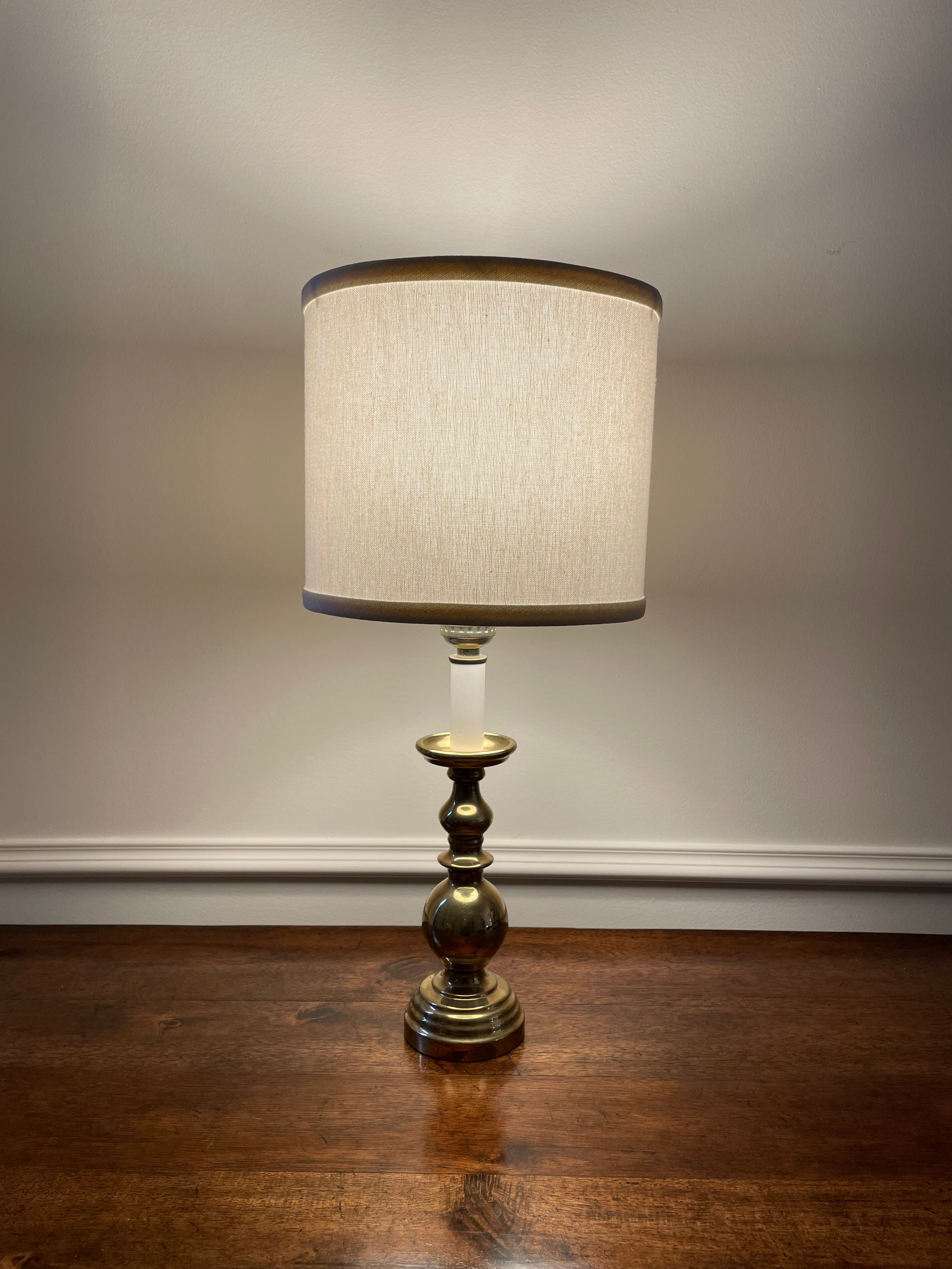 Vintage Solid Brass Candlestick Table Lamp with White Fabric Shade, 18 inches tall