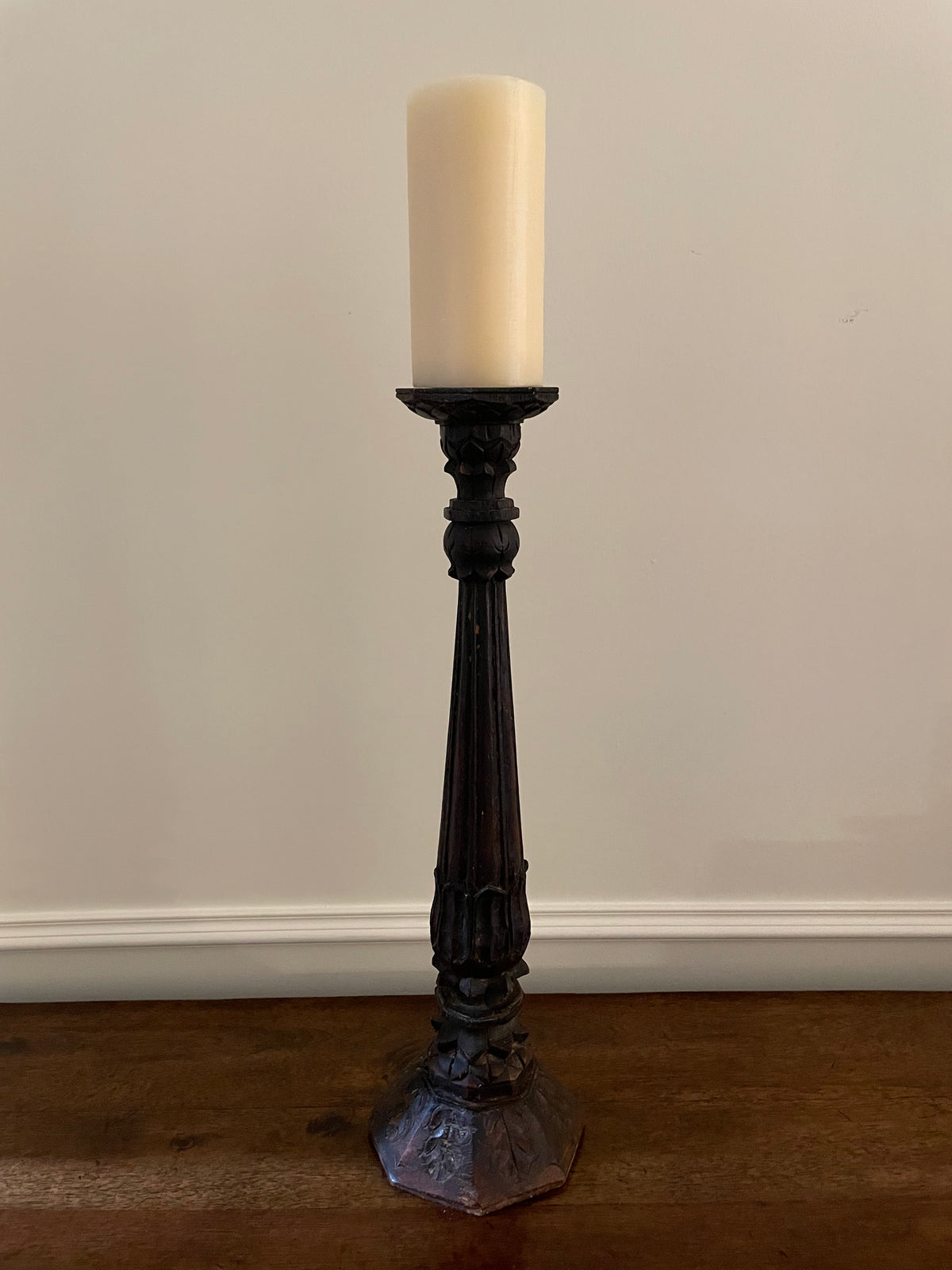 Vintage Hand-Carved Wood Pillar Candlestick