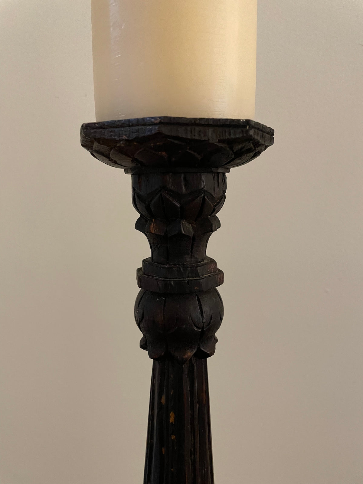 Vintage Hand-Carved Wood Pillar Candlestick