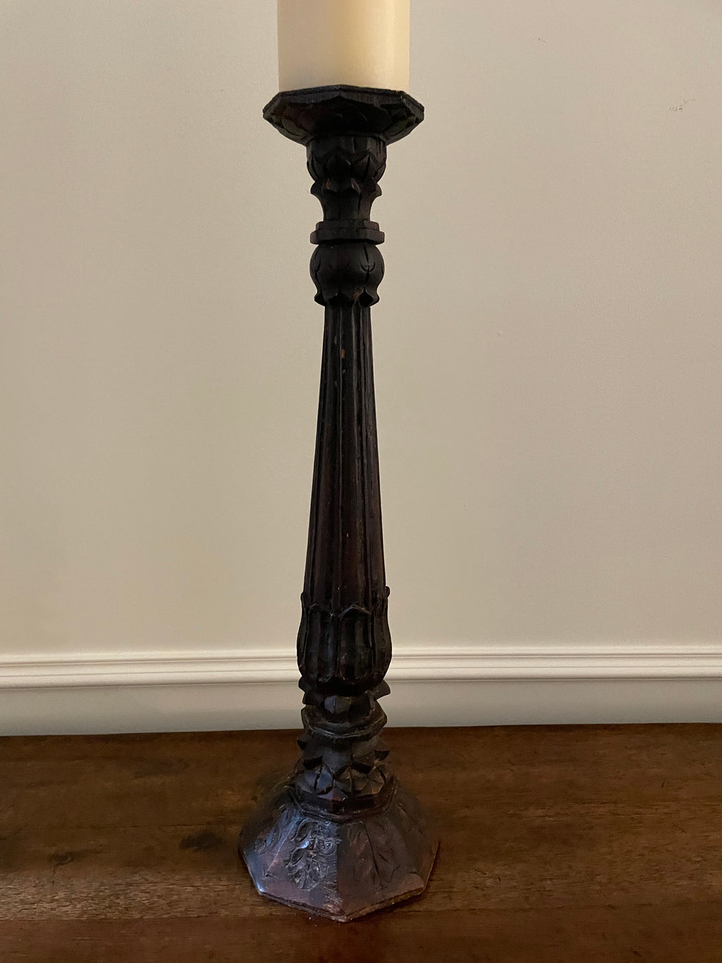 Vintage Hand-Carved Wood Pillar Candlestick