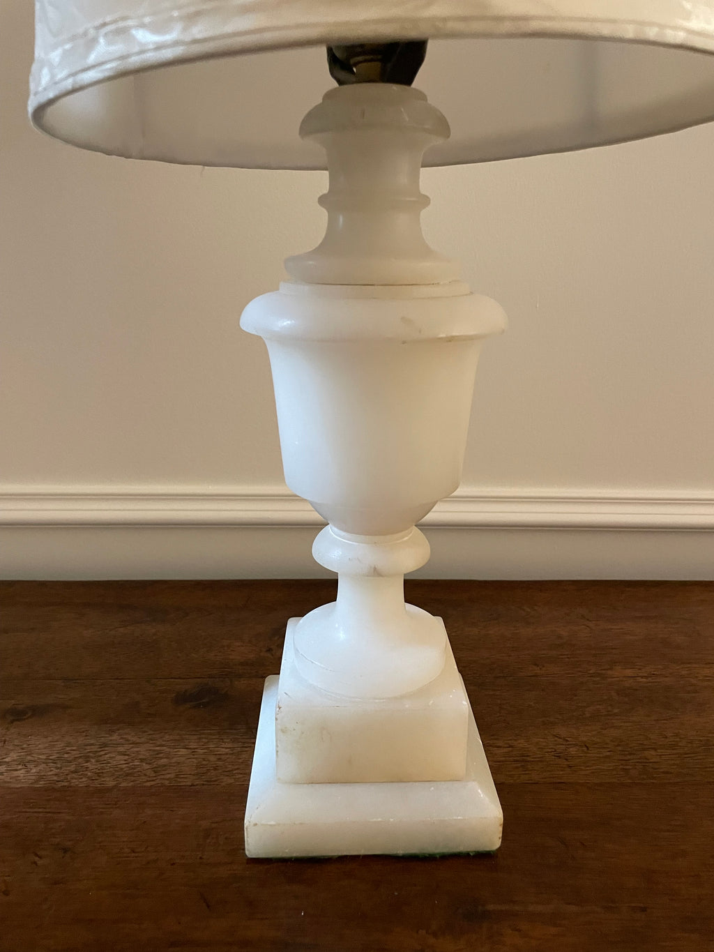 Antique Italian Alabster Table Lamp, made in the USA, Vintage Damask Pattern Ivory Shade, 21 inches tall