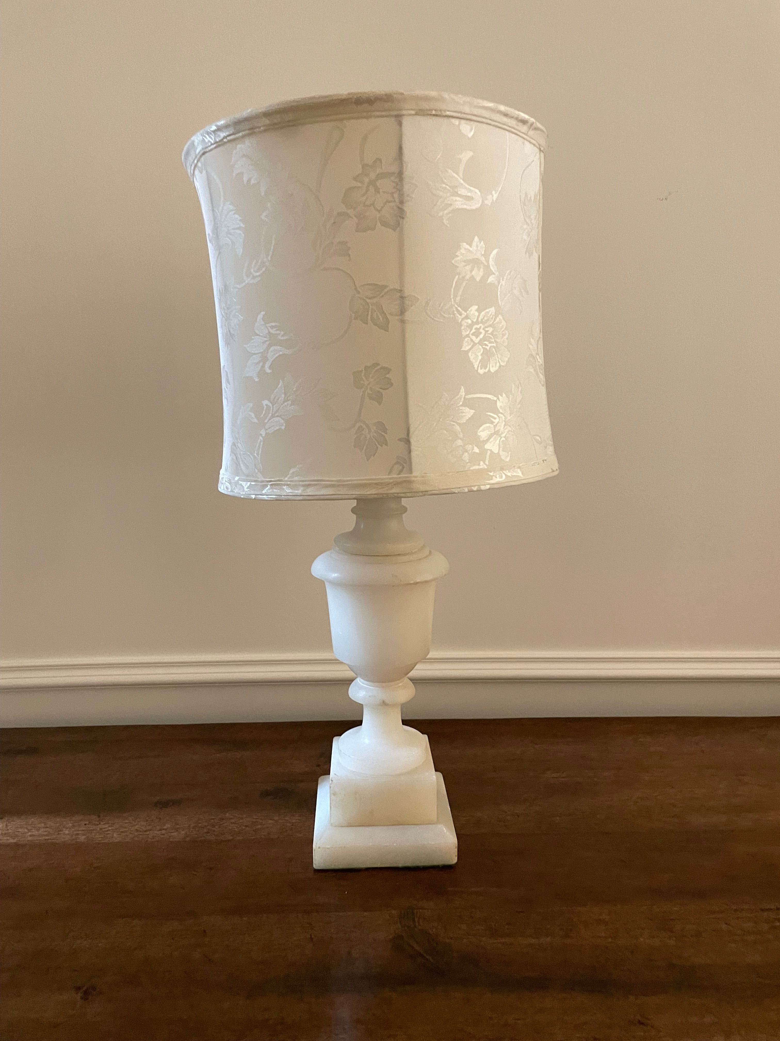 Antique Italian Alabster Table Lamp, made in the USA, Vintage Damask Pattern Ivory Shade, 21 inches tall