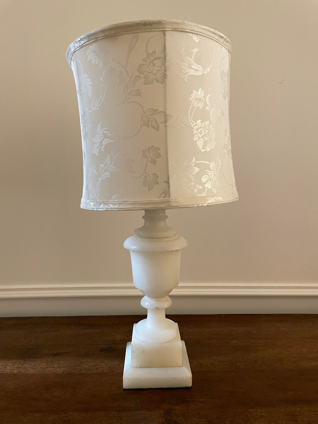 Antique Italian Alabster Table Lamp, made in the USA, Vintage Damask Pattern Ivory Shade, 21 inches tall