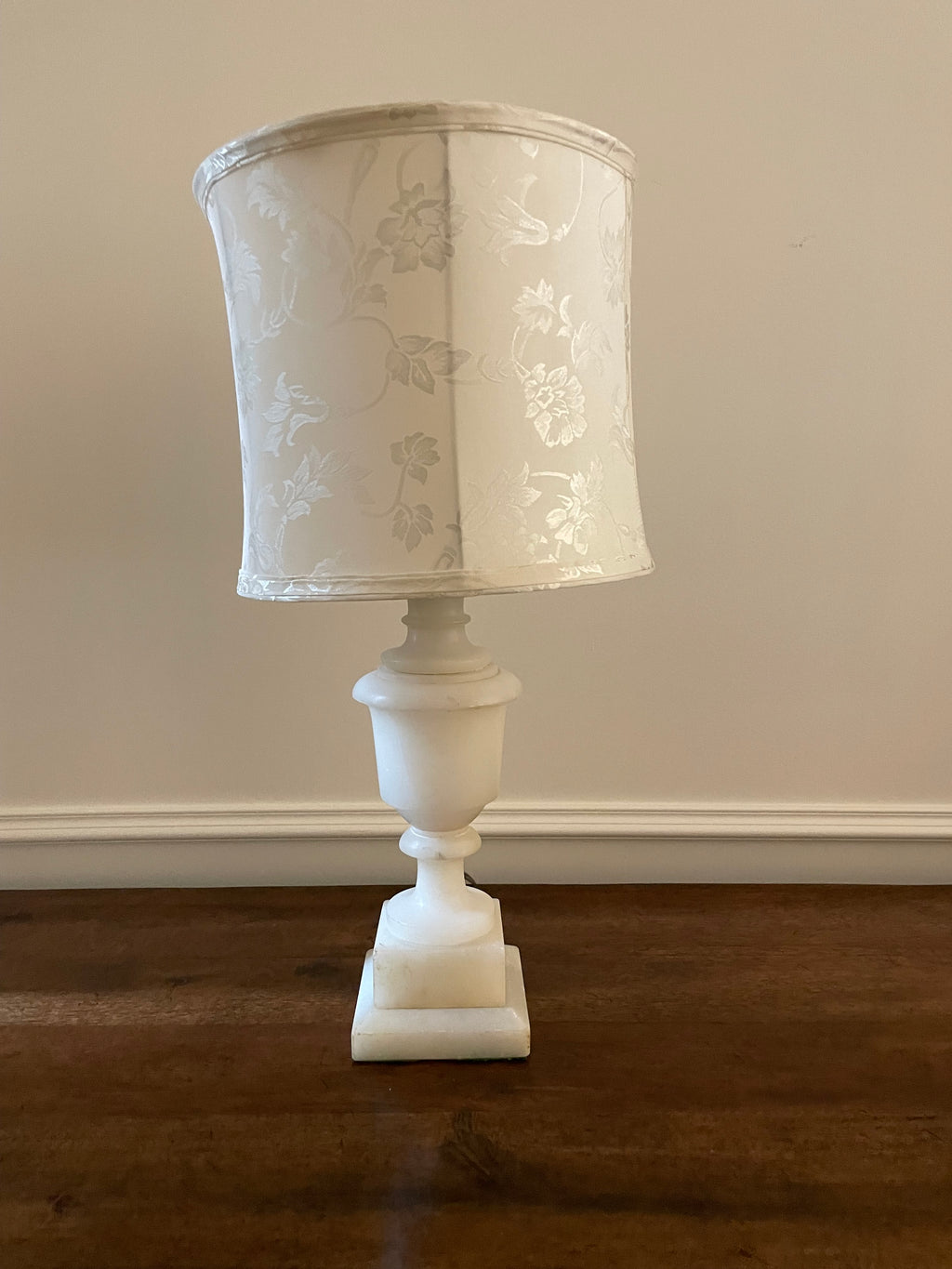 Antique Italian Alabster Table Lamp, made in the USA, Vintage Damask Pattern Ivory Shade, 21 inches tall