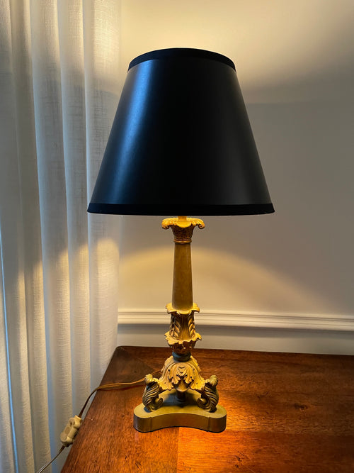 Antique Neoclassical Bronze Table Lamp with Black & Gold-Lined Shade, 19"