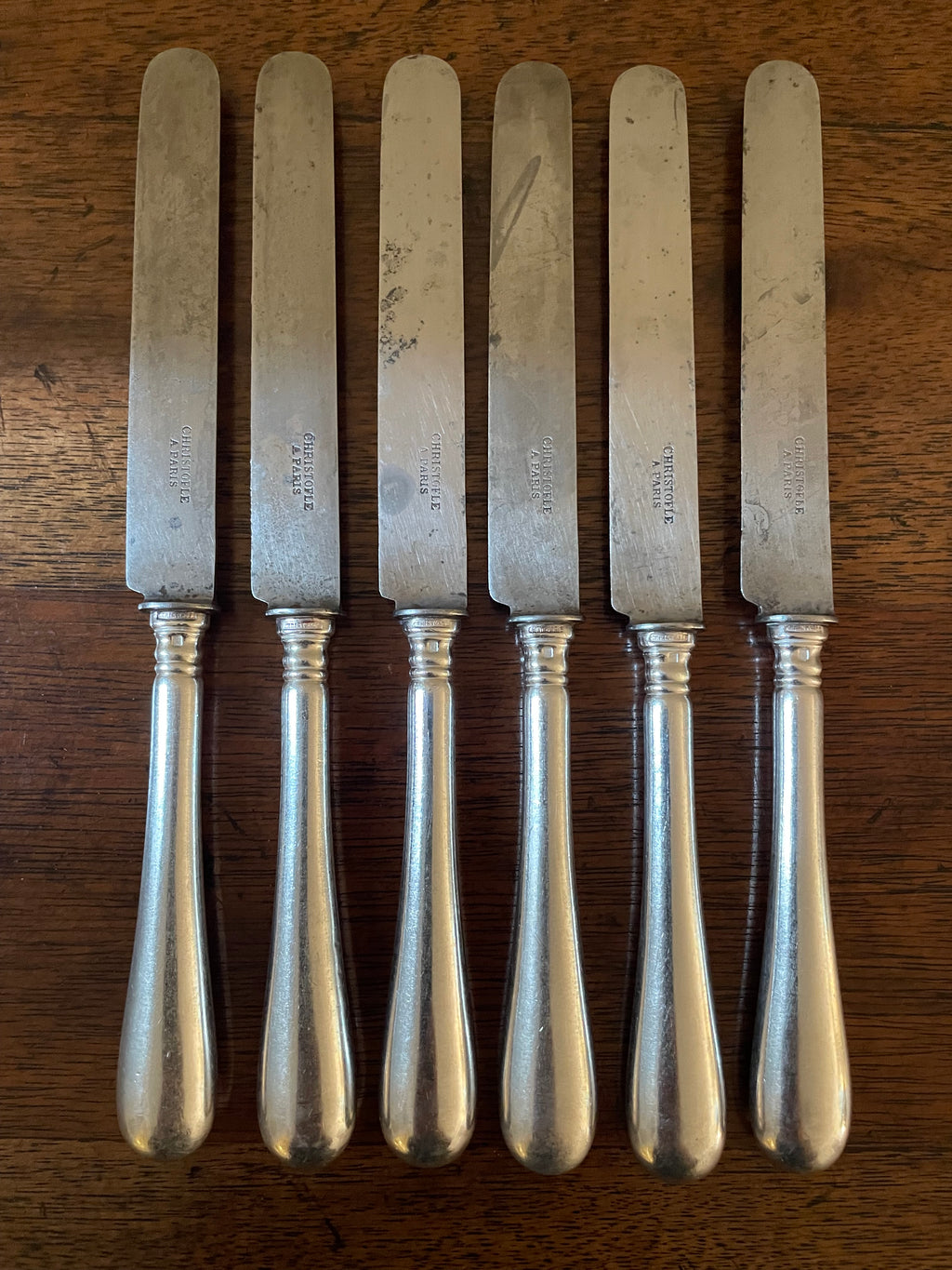 Antique Christofle “Baguette” Silverplate Dessert Knives with Carbon Steel Blades, Set of 6, c. 1900–1920