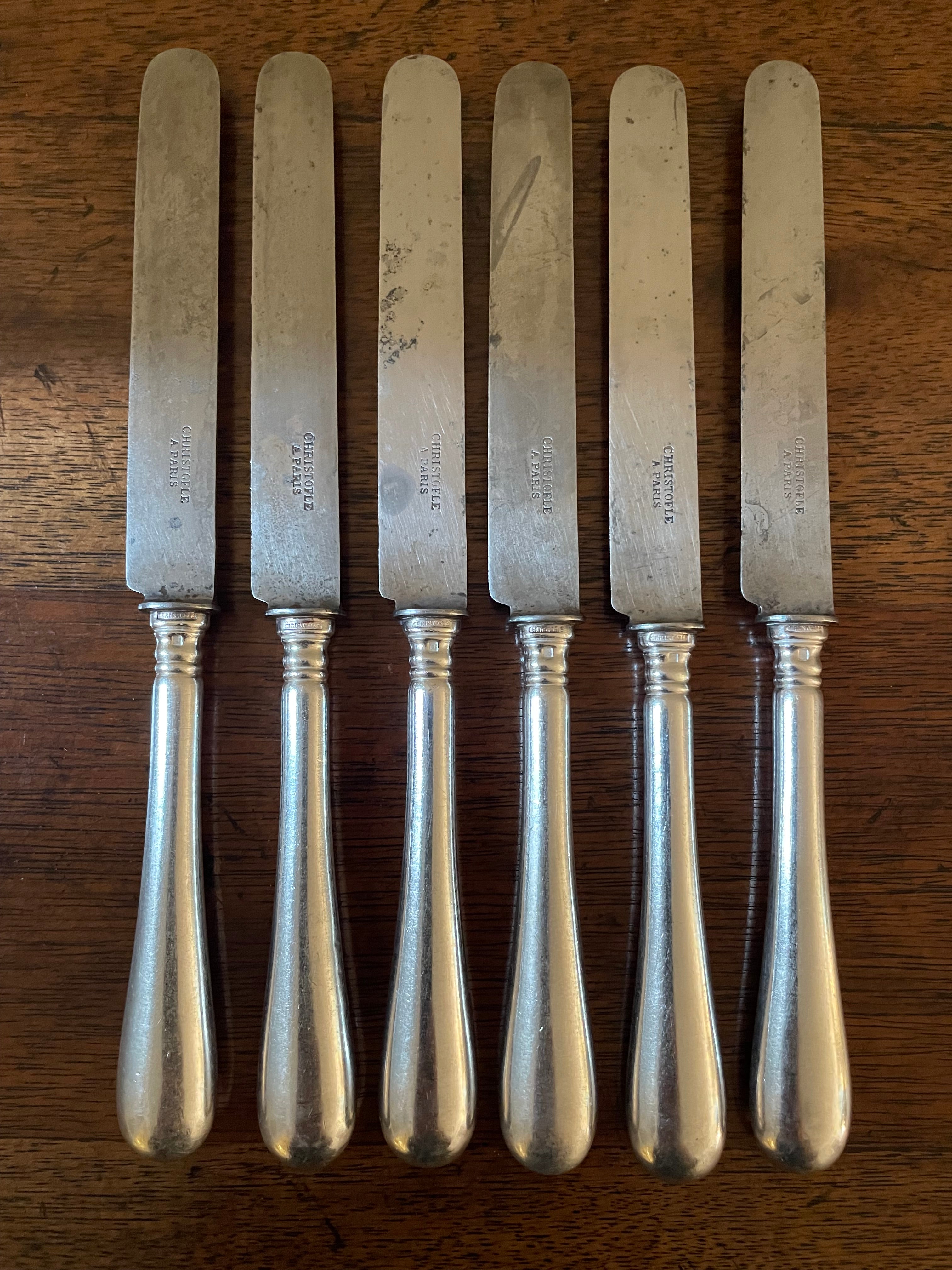 Antique Christofle “Baguette” Silverplate Dessert Knives with Carbon Steel Blades, Set of 6, c. 1900–1920