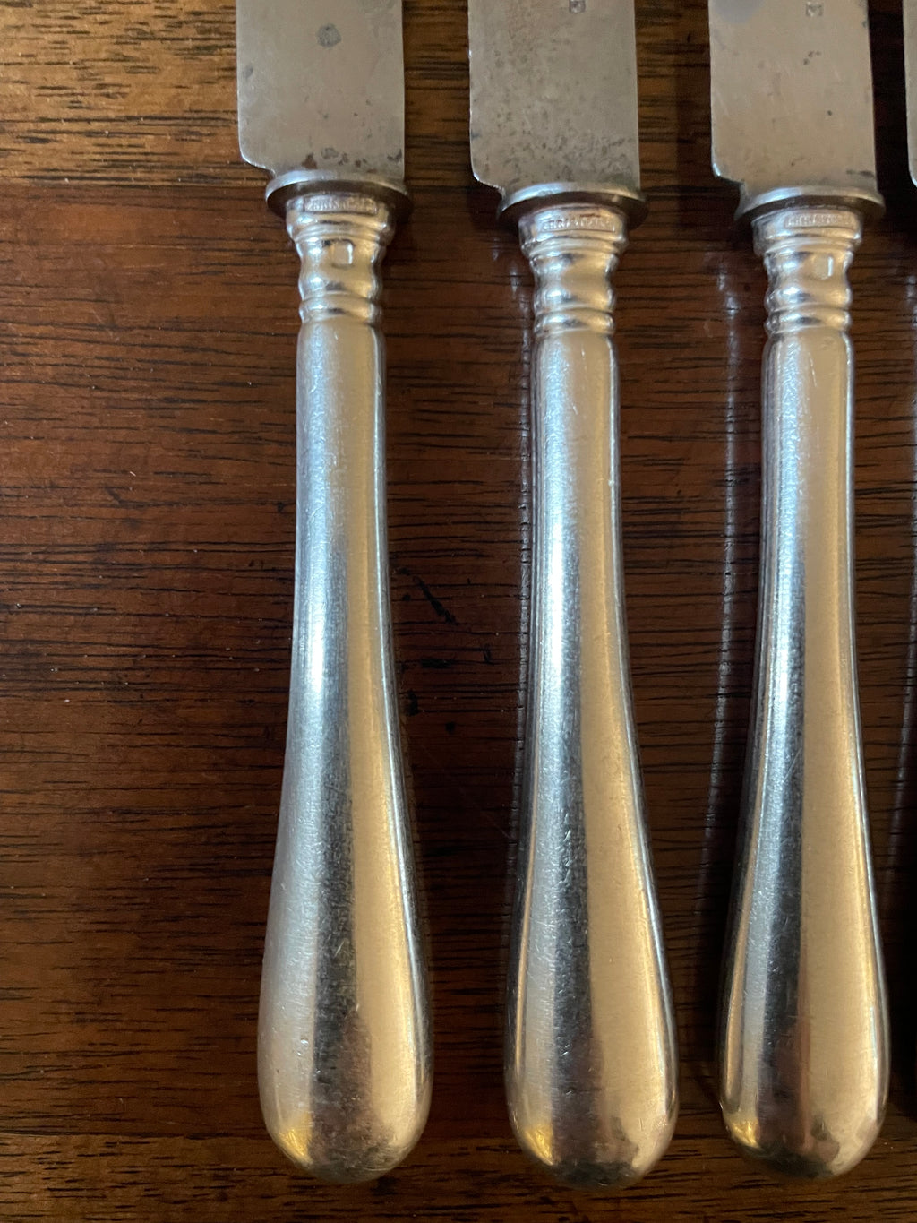 Antique Christofle “Baguette” Silverplate Dessert Knives with Carbon Steel Blades, Set of 6, c. 1900–1920