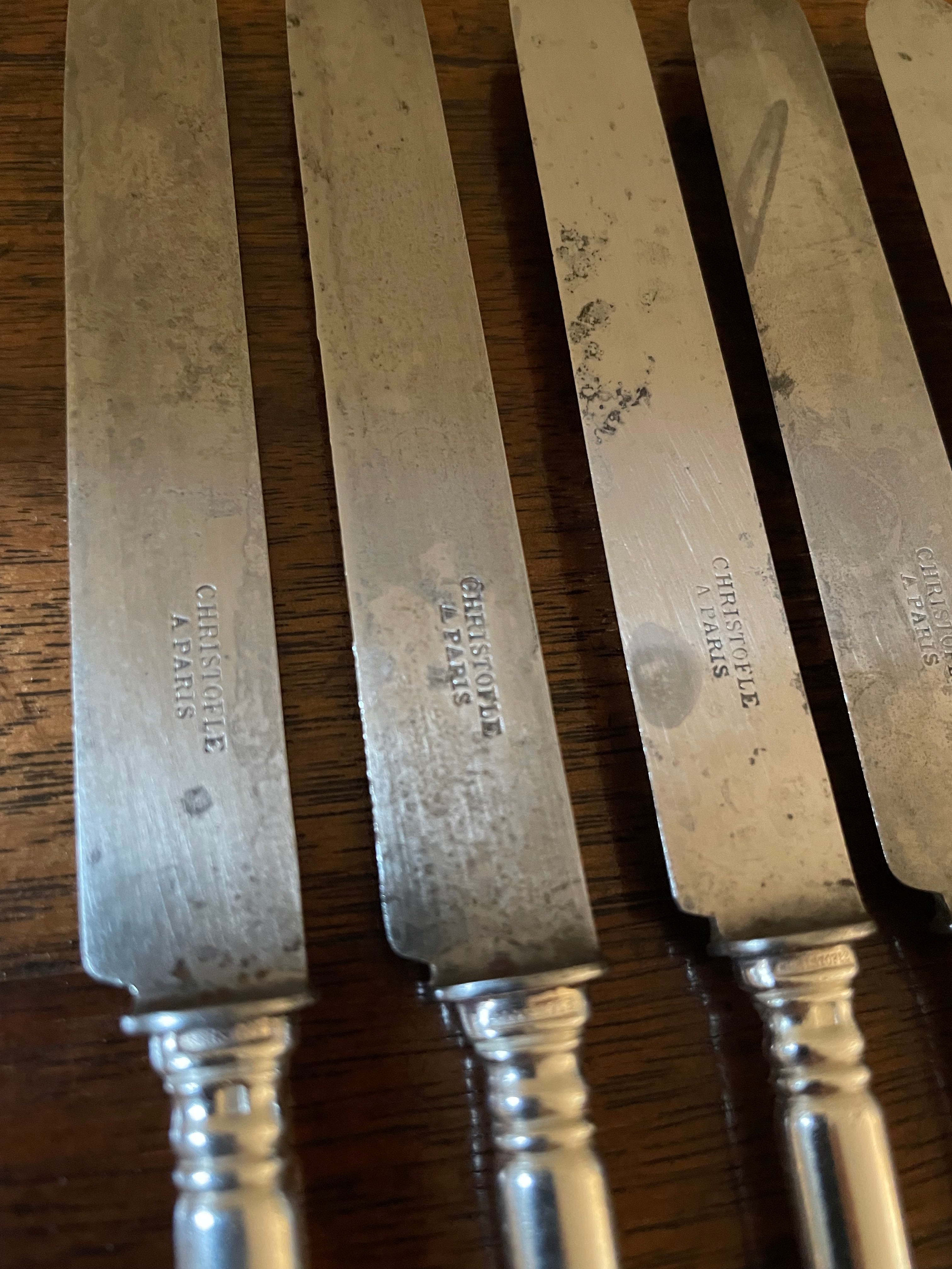 Antique Christofle “Baguette” Silverplate Dessert Knives with Carbon Steel Blades, Set of 6, c. 1900–1920