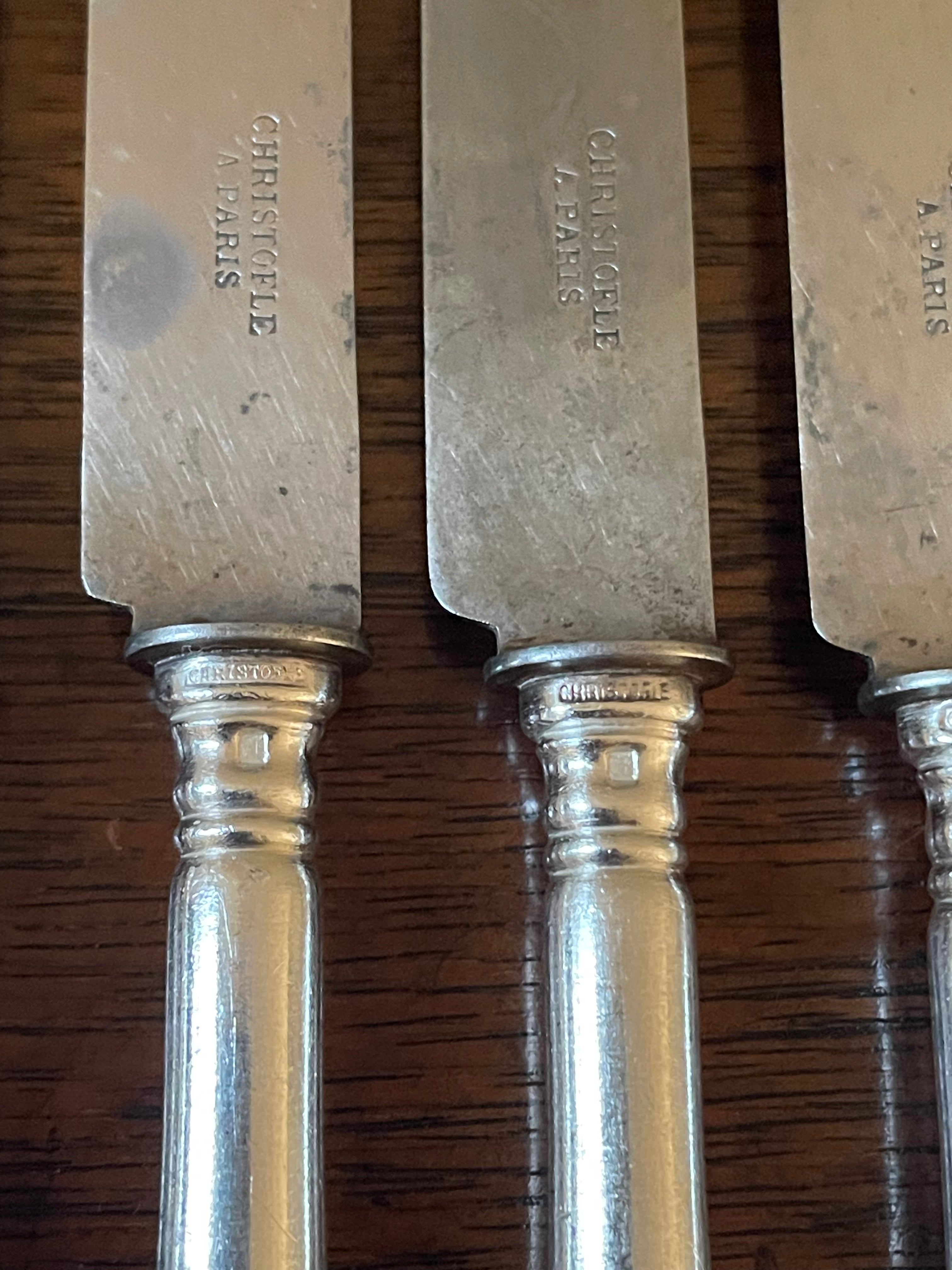 Antique Christofle “Baguette” Silverplate Dessert Knives with Carbon Steel Blades, Set of 6, c. 1900–1920