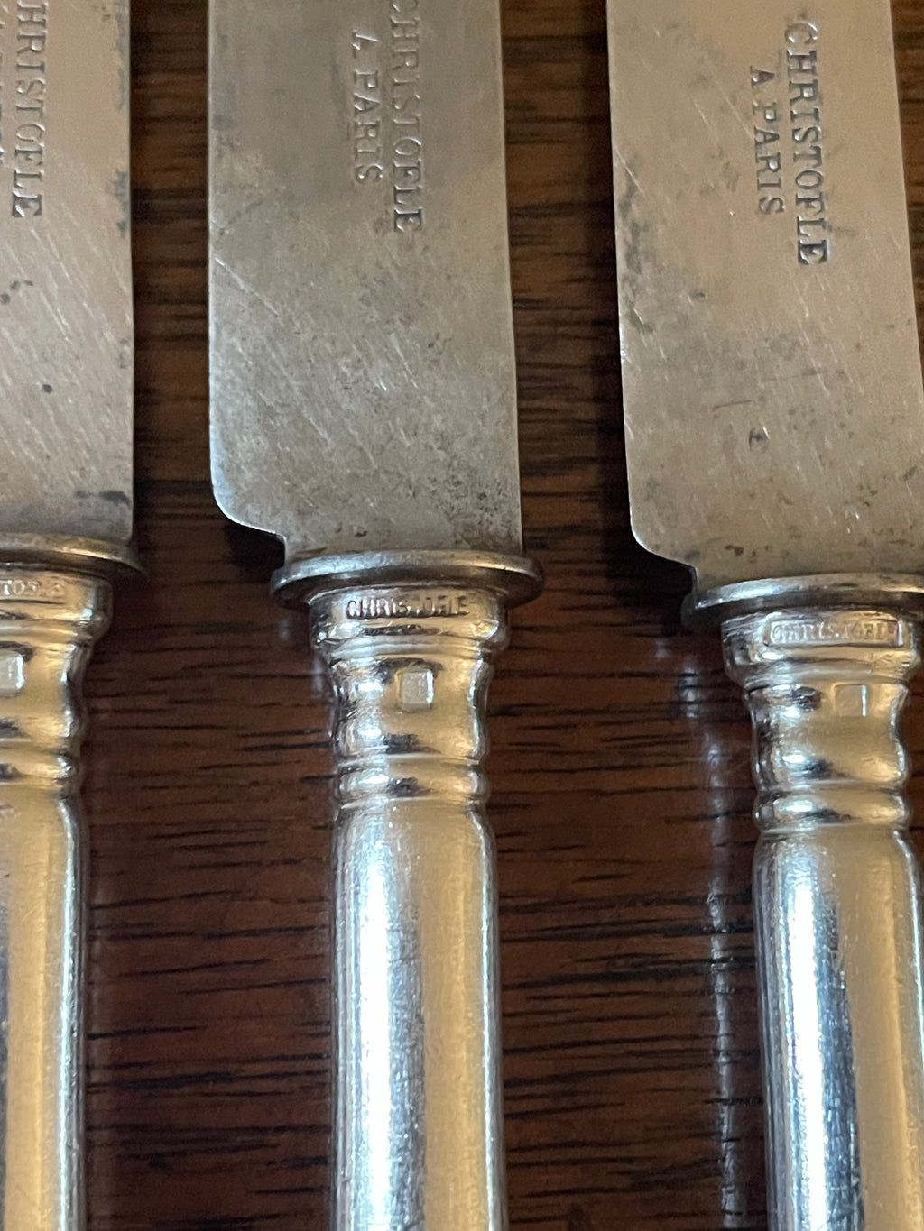 Antique Christofle “Baguette” Silverplate Dessert Knives with Carbon Steel Blades, Set of 6, c. 1900–1920