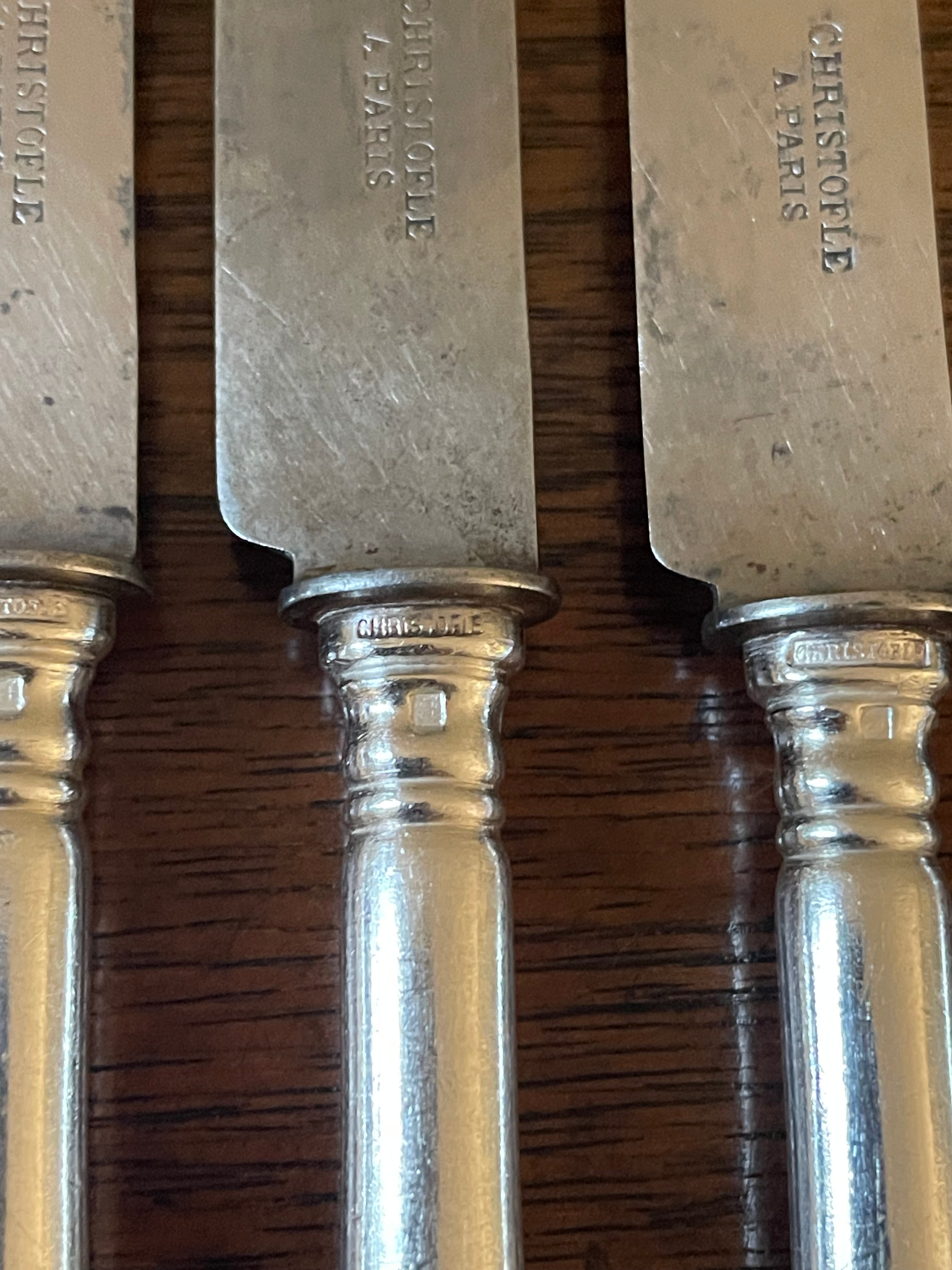 Antique Christofle “Baguette” Silverplate Dessert Knives with Carbon Steel Blades, Set of 6, c. 1900–1920