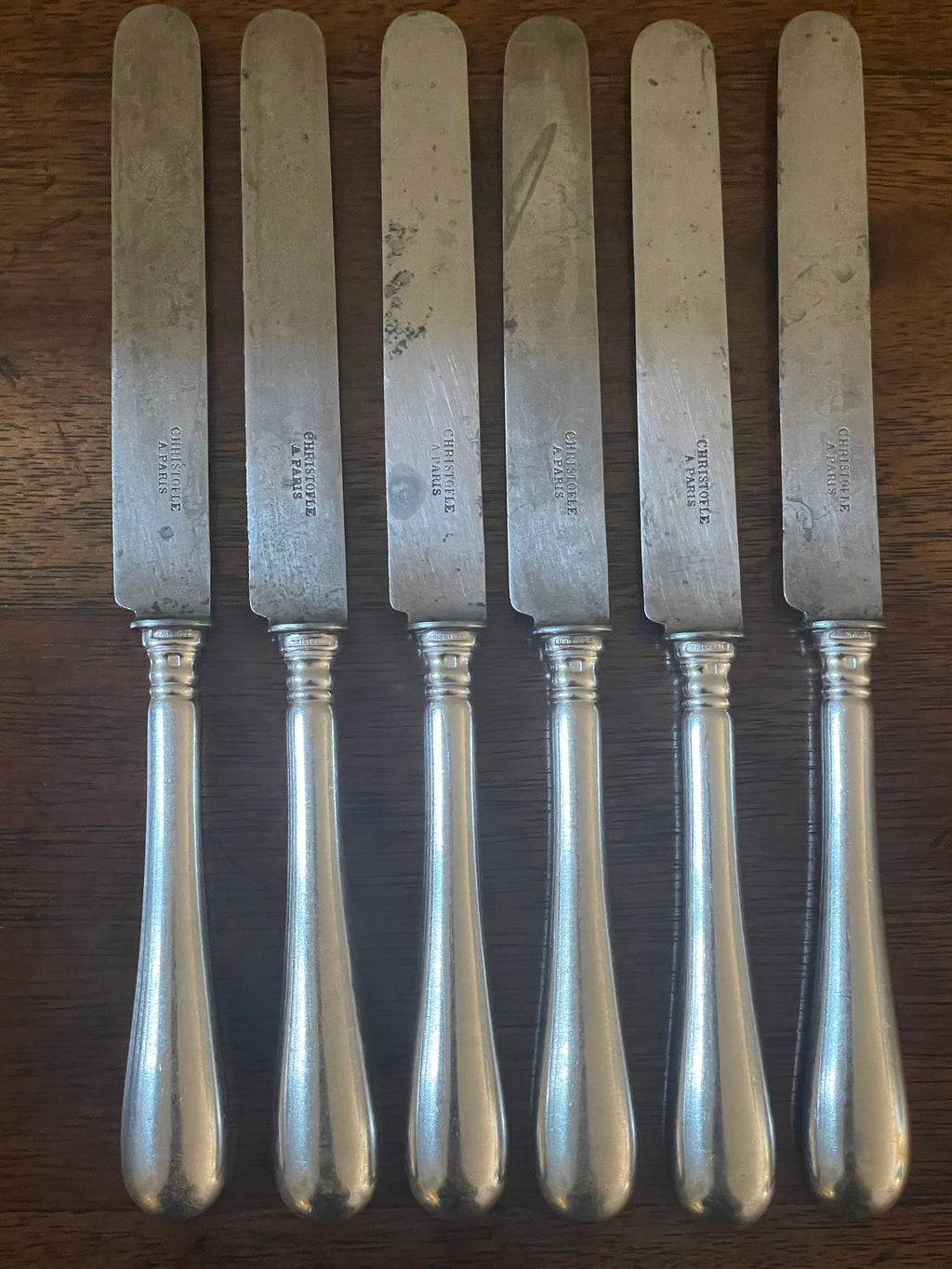 Antique Christofle “Baguette” Silverplate Dessert Knives with Carbon Steel Blades, Set of 6, c. 1900–1920