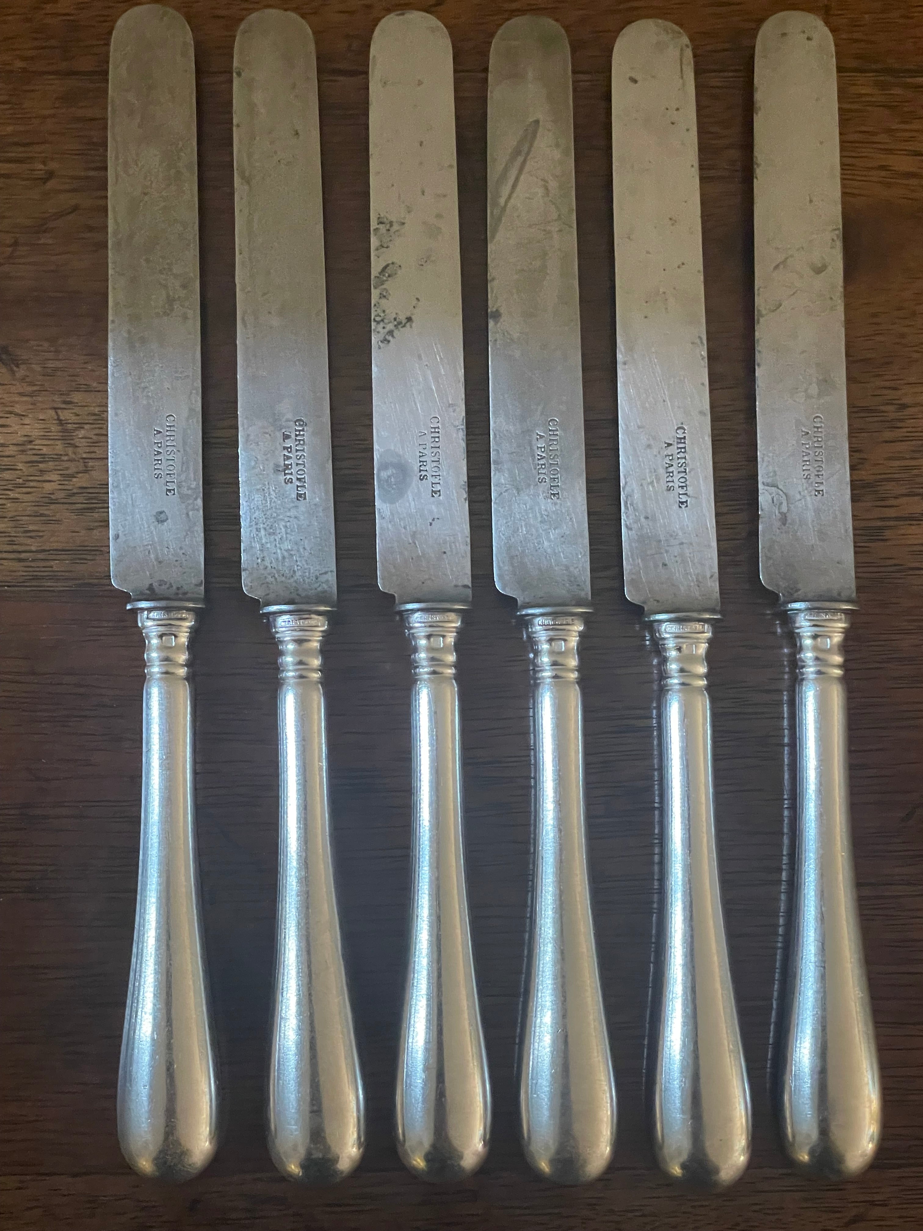 Antique Christofle “Baguette” Silverplate Dessert Knives with Carbon Steel Blades, Set of 6, c. 1900–1920